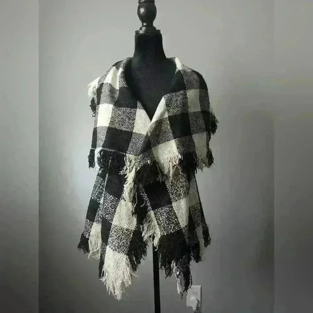 ANGL Plaid Black and Tan Vest with Fringe